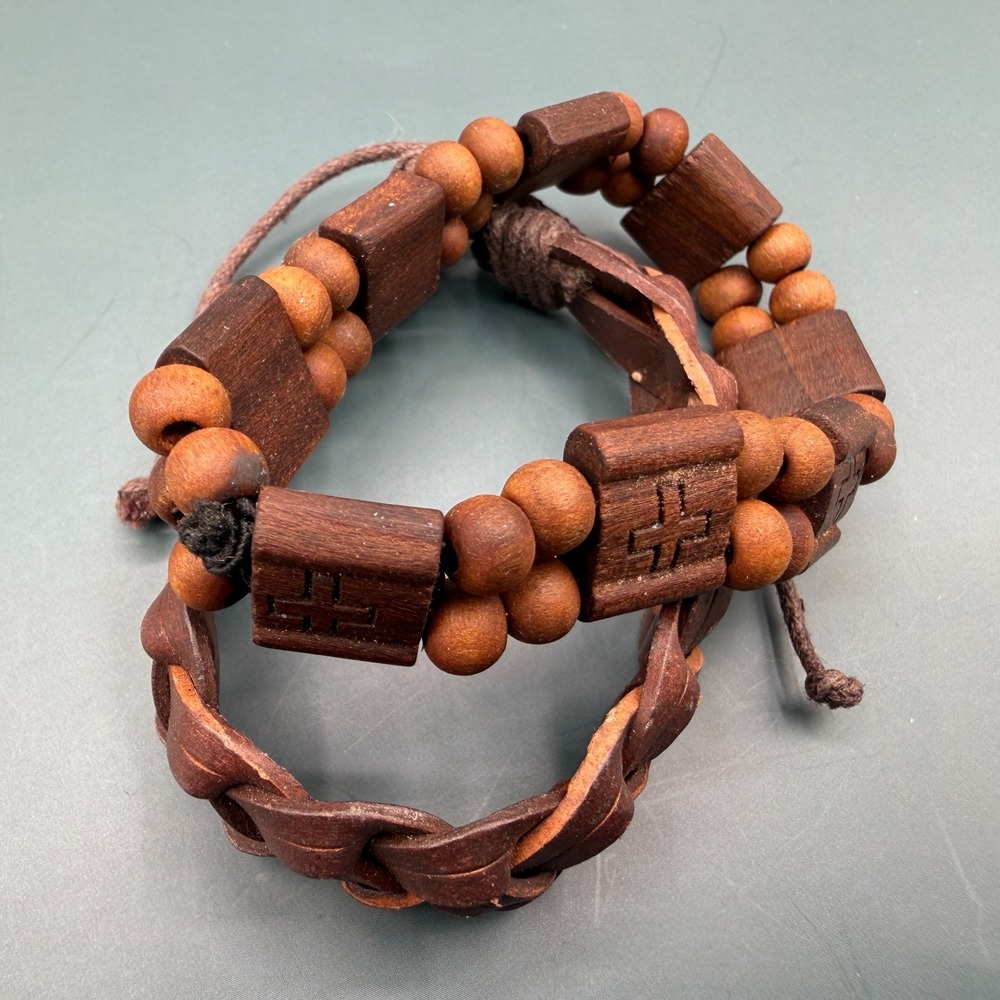 Set of 2 Brown Wooden Bead Braided Cord Cross Bracelets Boho Christian Gift Men - Picture 6 of 17